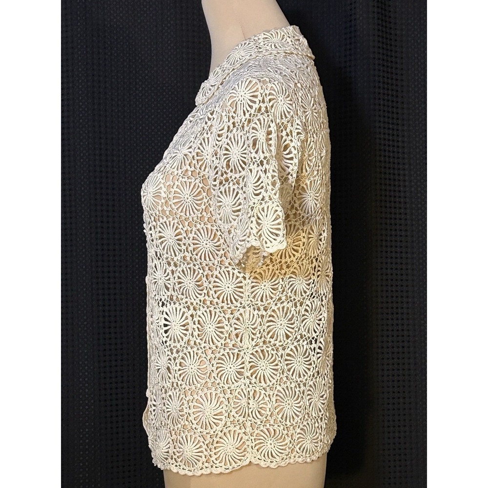 Vintage Crochet Lace Cream Romantic Boho Short Sleeve Button UP Sheer Top Blouse - Picture 4 of 7